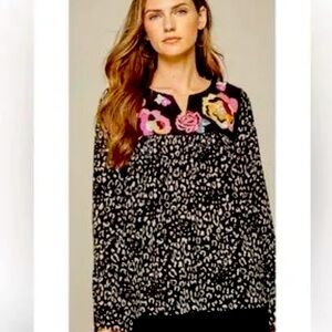 Savanna Jane Leopard Print Crepe Floral Embroidered Blouse Top‎ - Size L